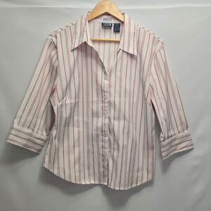 Cotton Express Womens White Red Stripe Button Up Stretch Top XL Metallic Sparkle